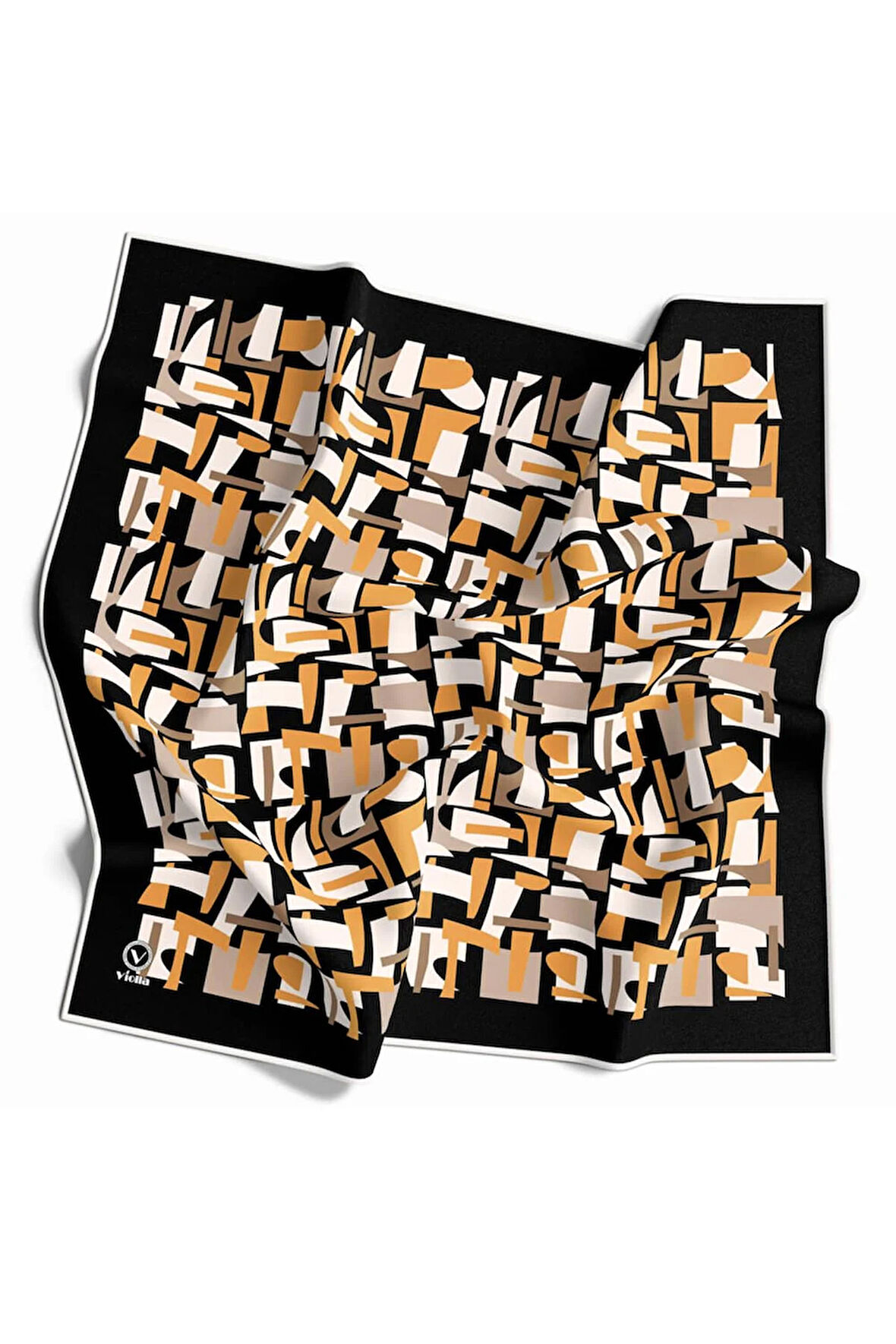 Twill Geometrik Desenli Hardal - Bej Renkli 90x90 Eşarp (İpek İçermez) Dikim Şekli : El Dikişi