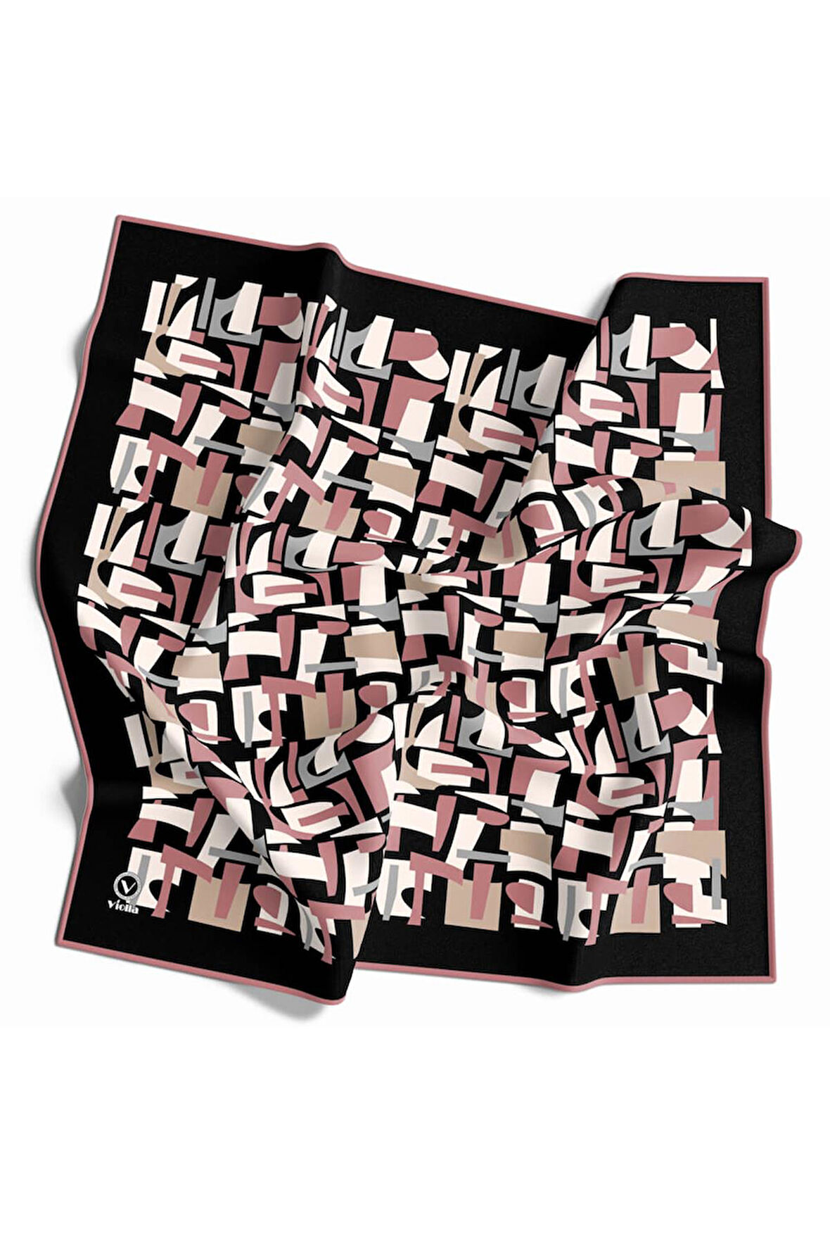 Twill Geometrik Desenli Pudra - Gri Renkli 90x90 Eşarp (İpek İçermez) Dikim Şekli : El Dikişi