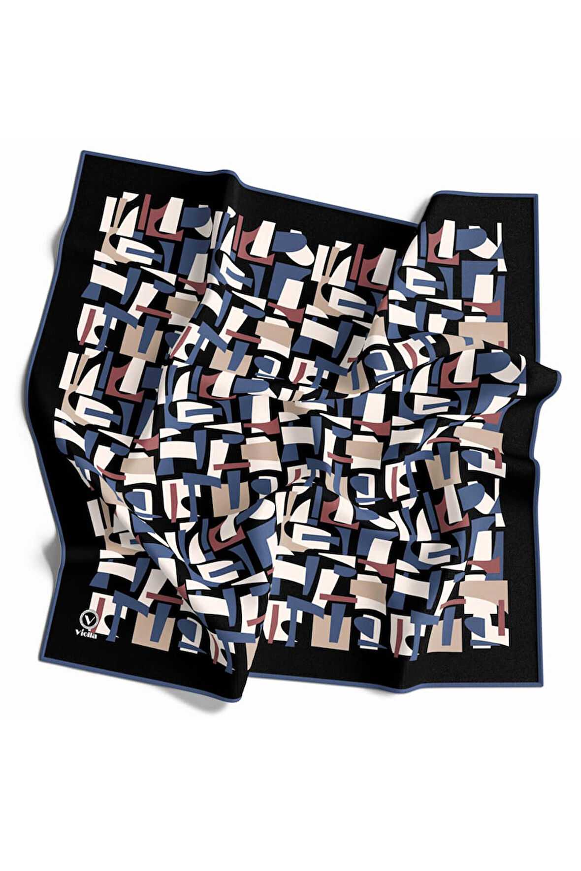 Twill Geometrik Desenli İndigo - Gül Kurusu Renkli 90x90 Eşarp (İpek İçermez) Dikim Şekli : El Dikişi