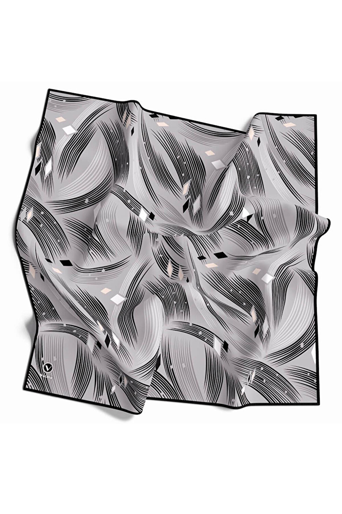 Rayon Geometrik Çizgili Desenli Gri Renkli 90x90 Eşarp (İpek İçermez) Kenar Dikiş Şekli El Dikişli