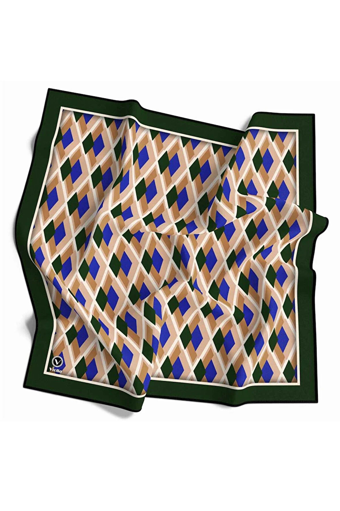 Kristal Geometrik Desenli Zümrüt Yeşili - Saks Renkli 90x90 Eşarp (İpek İçermez) Dikim Şekli : El Dikişi