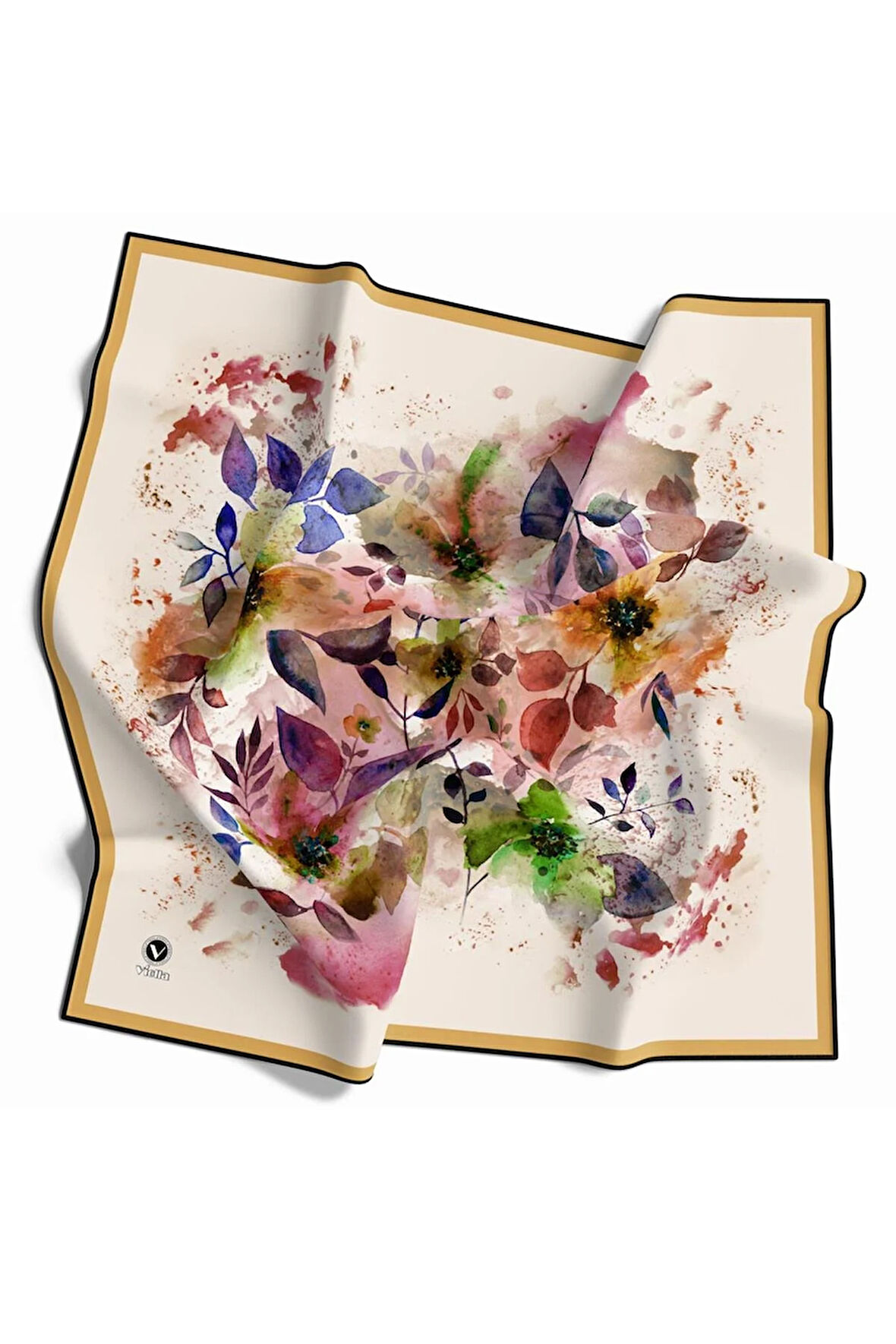 Kristal Çiçek Desenli Krem - Gold Renkli 90x90 Eşarp (İpek İçermez) Dikim Şekli : El Dikişi