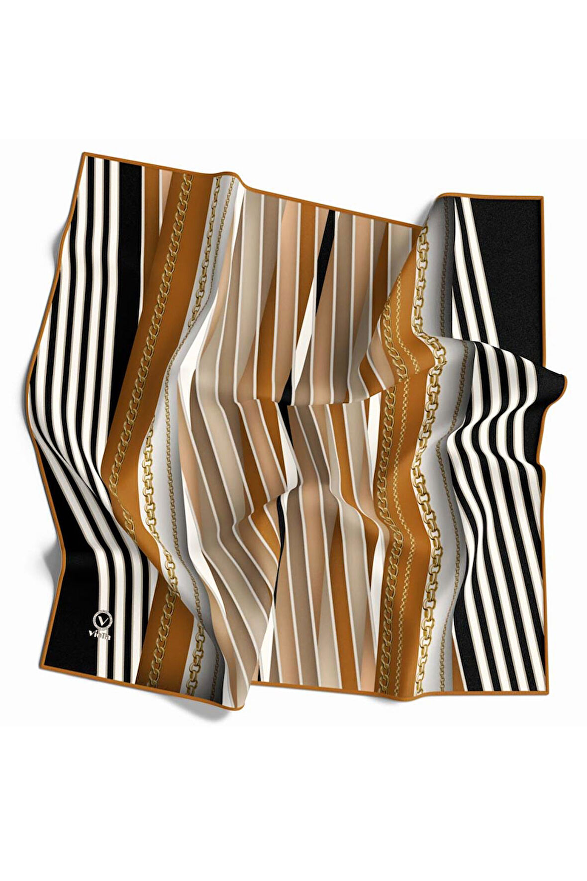 Kristal Zincirli Ve Çizgili Desenli Hardal Renkli 90x90 Eşarp (İpek İçermez) Kenar Dikiş Şekli El Dikişli