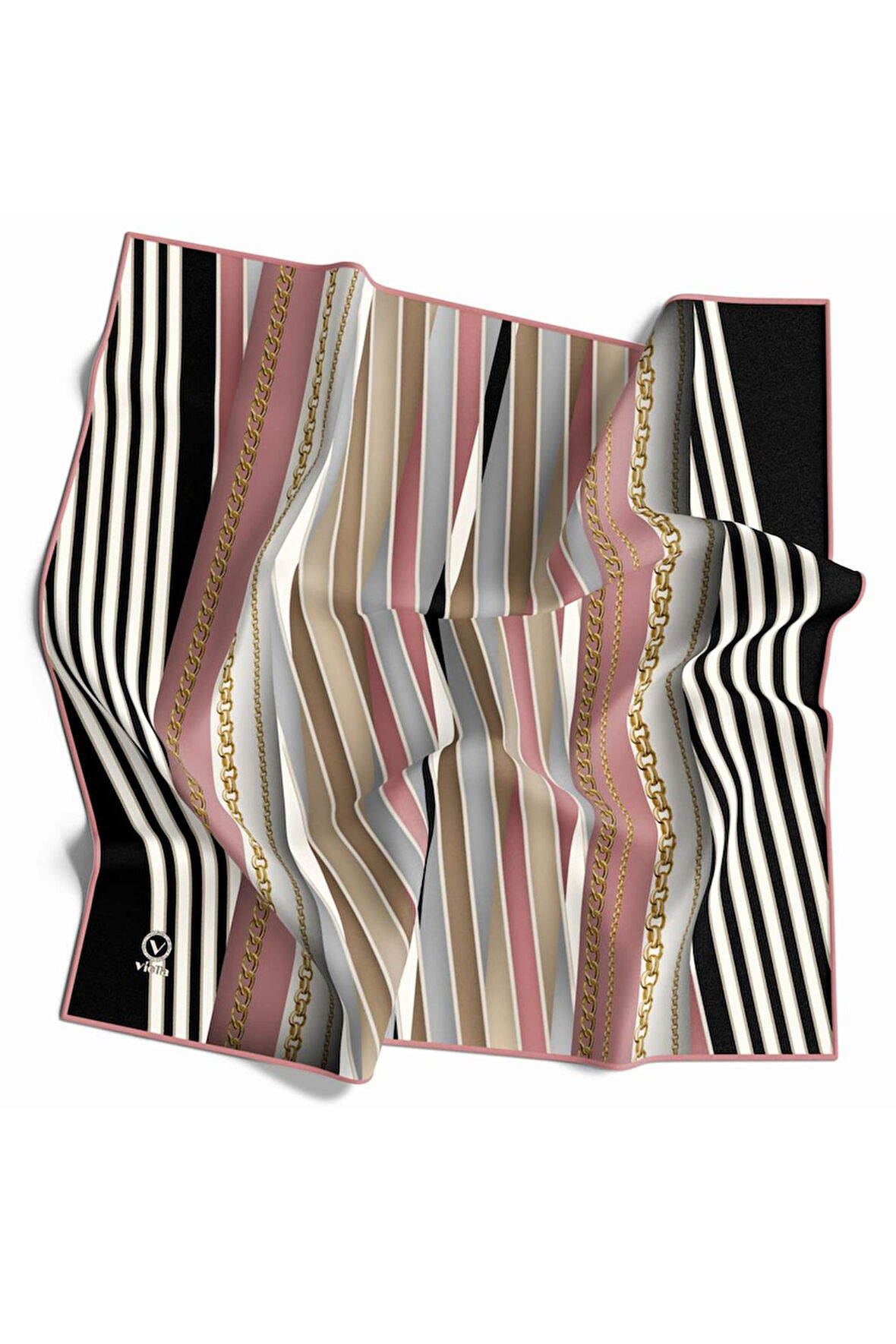 Kristal Zincirli Ve Çizgili Desenli Pudra Renkli 90x90 Eşarp (İpek İçermez) Kenar Dikiş Şekli El Dikişli