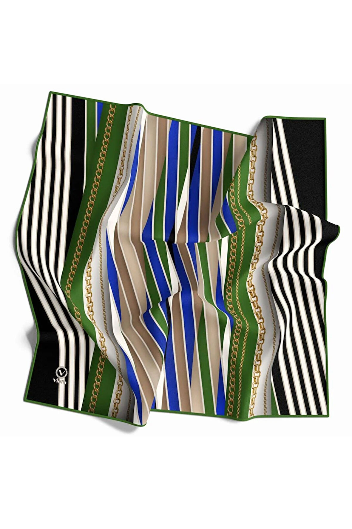 Kristal Zincirli Ve Çizgili Desenli Zümrüt Yeşili Renkli 90x90 Eşarp (İpek İçermez) Kenar Dikiş Şekli El Dikişli