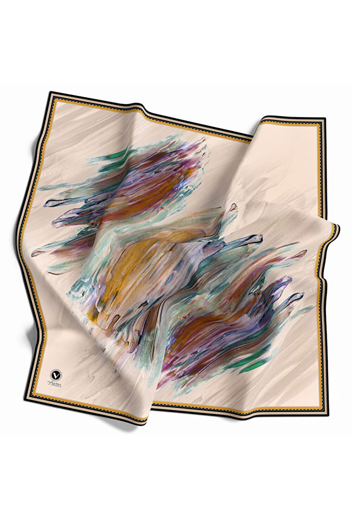 Twill Fırça Darbesi Desenli Hardal Renkli 90x90 Eşarp (İpek İçermez) Dikim Şekli : El Dikişi