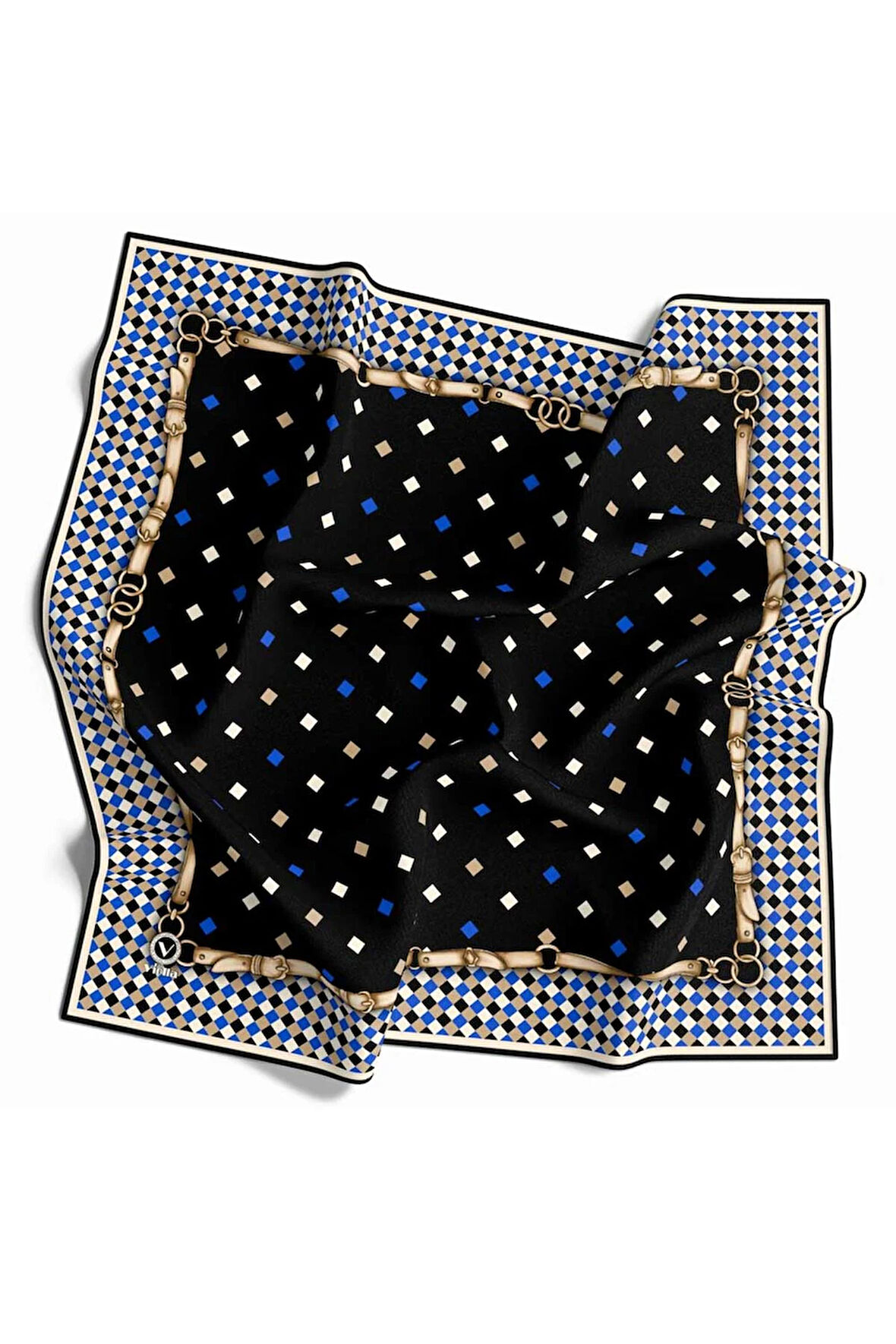 Kristal Kareli Kemer Desenli Saks Renkli 90x90 Eşarp (İpek İçermez) Dikim Şekli : El Dikişi