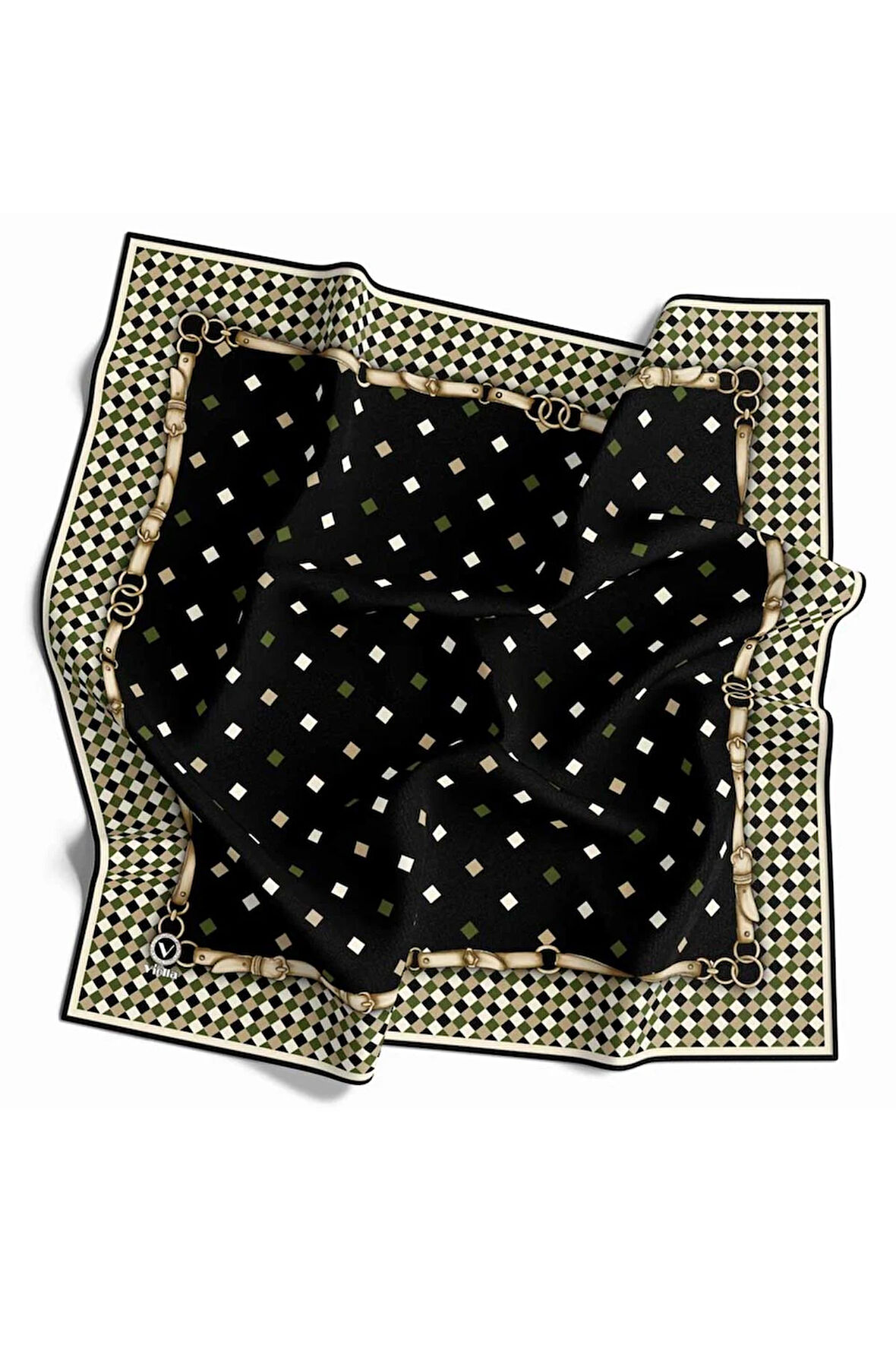 Kristal Kareli Kemer Desenli Haki Renkli 90x90 Eşarp (İpek İçermez) Dikim Şekli : El Dikişi