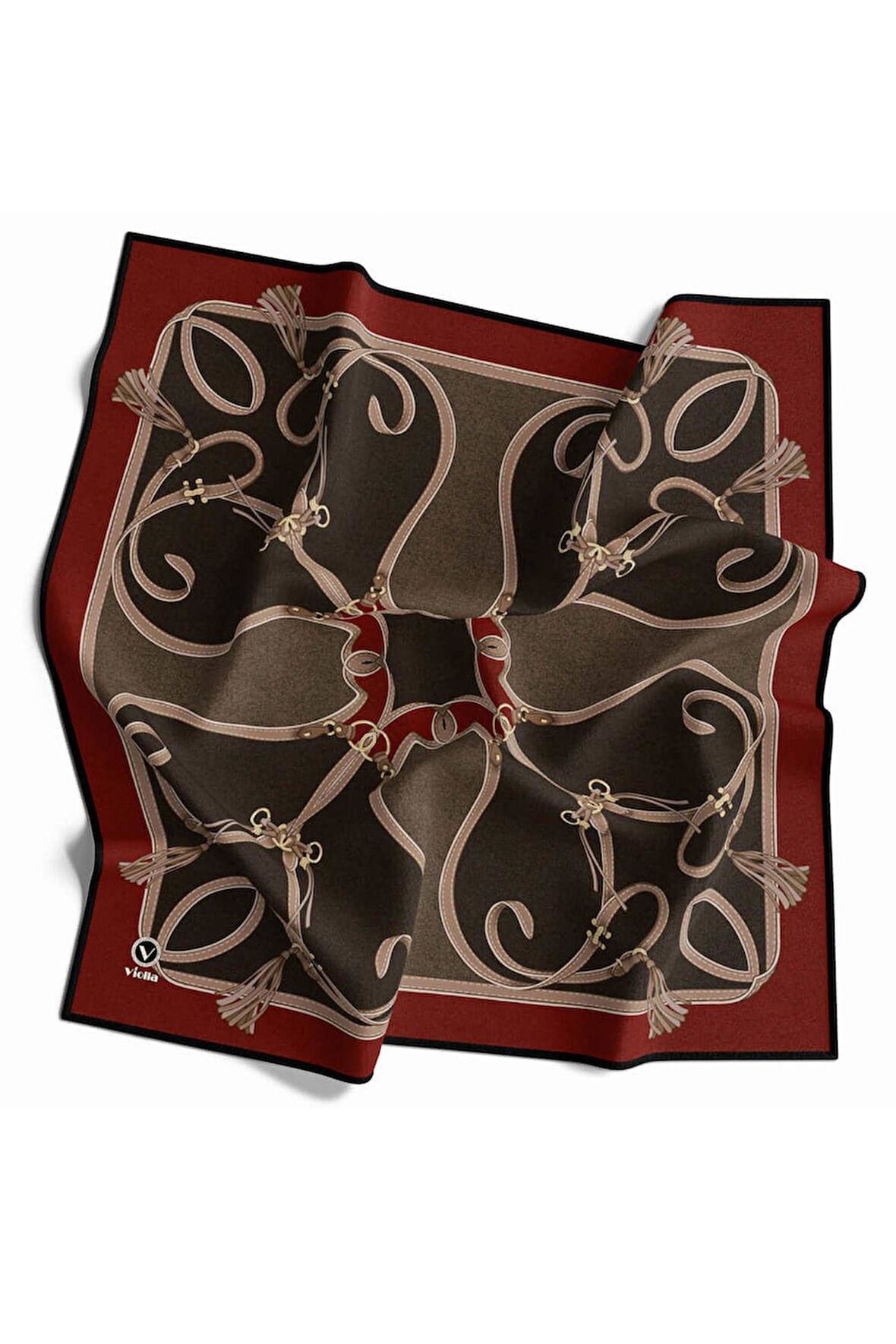 Twill Kemer Desenli Kırmızı Renkli 90x90 Eşarp (İpek İçermez) Dikim Şekli : El Dikişi