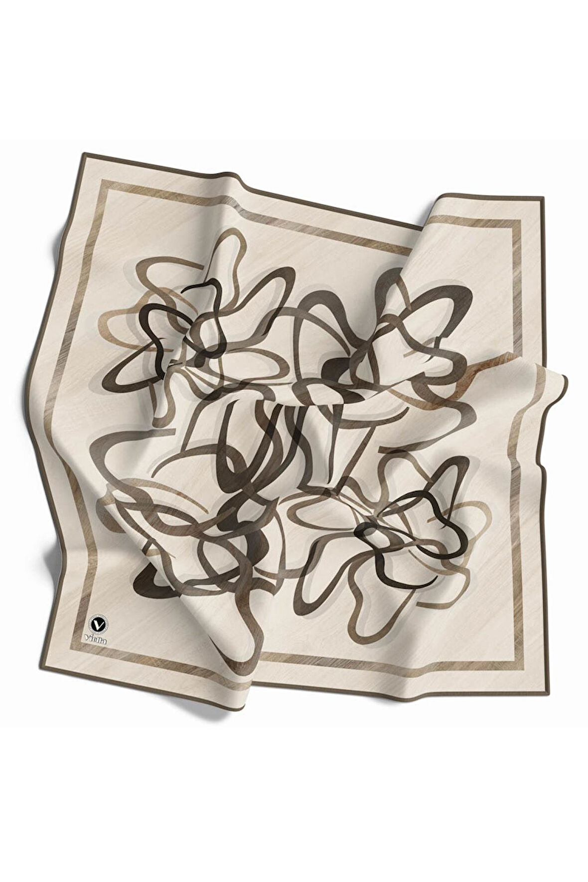 Twill Çizgili Geometrik Desenli Bej Renkli 90x90 Eşarp (İpek İçermez) Kenar Dikiş Şekli El Dikişli