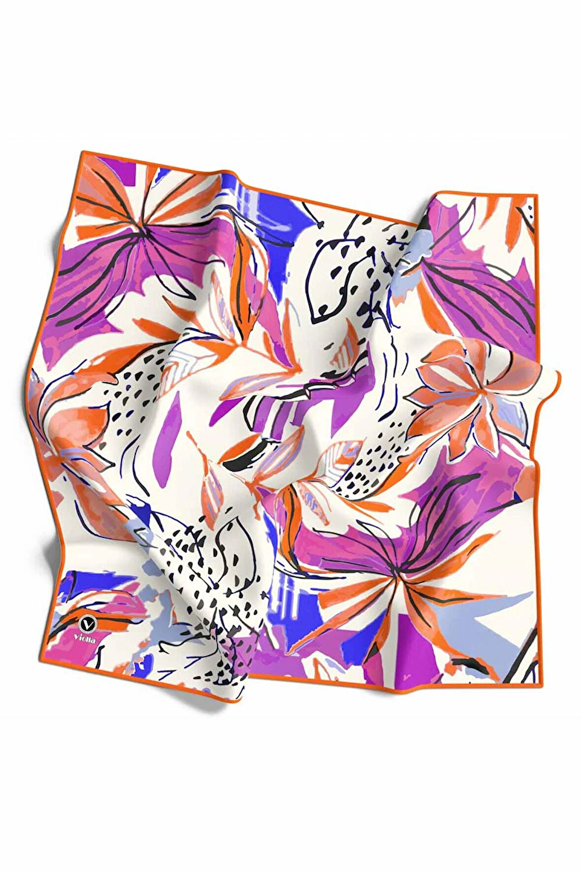 Pamuksu Dokulu Suluboya Çiçek Desenli Turuncu Renkli 90x90 Soft Eşarp Kenar Dikiş Şekli El Dikişli