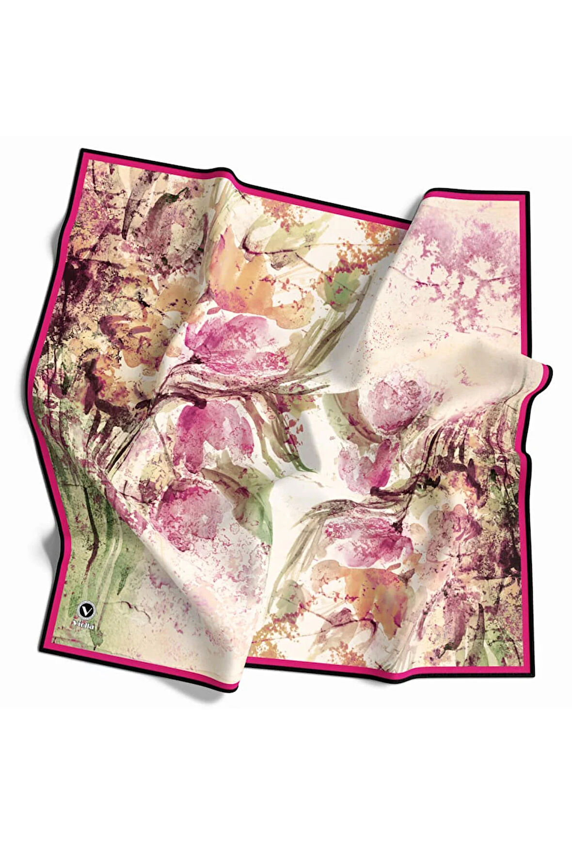 Rayon Sulu Boyalı Çiçek Desenli Fuşya Renkli 90x90 Eşarp (İpek İçermez) Kenar Dikiş Şekli El Dikişli