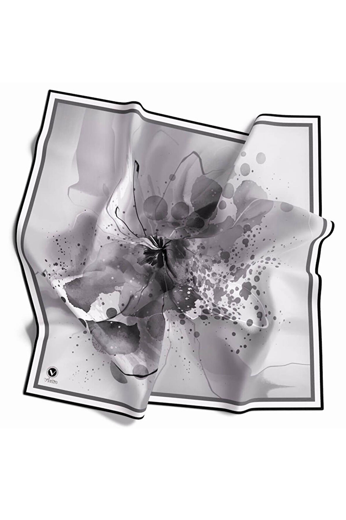 Twill Suluboya Çiçek Desenli Gri Renkli 90x90 Soft Eşarp Kenar Dikiş Şekli El Dikişli