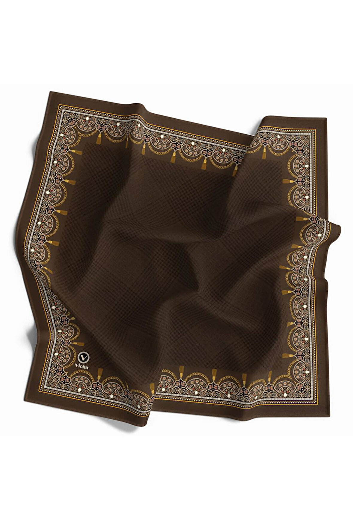 Twill Yumuşak Dokulu Kenar Motifi Şal Desenli Kahverengi Renkli 90x90 Eşarp (İpek İçermez) Dikim Şekli : El Dikişi