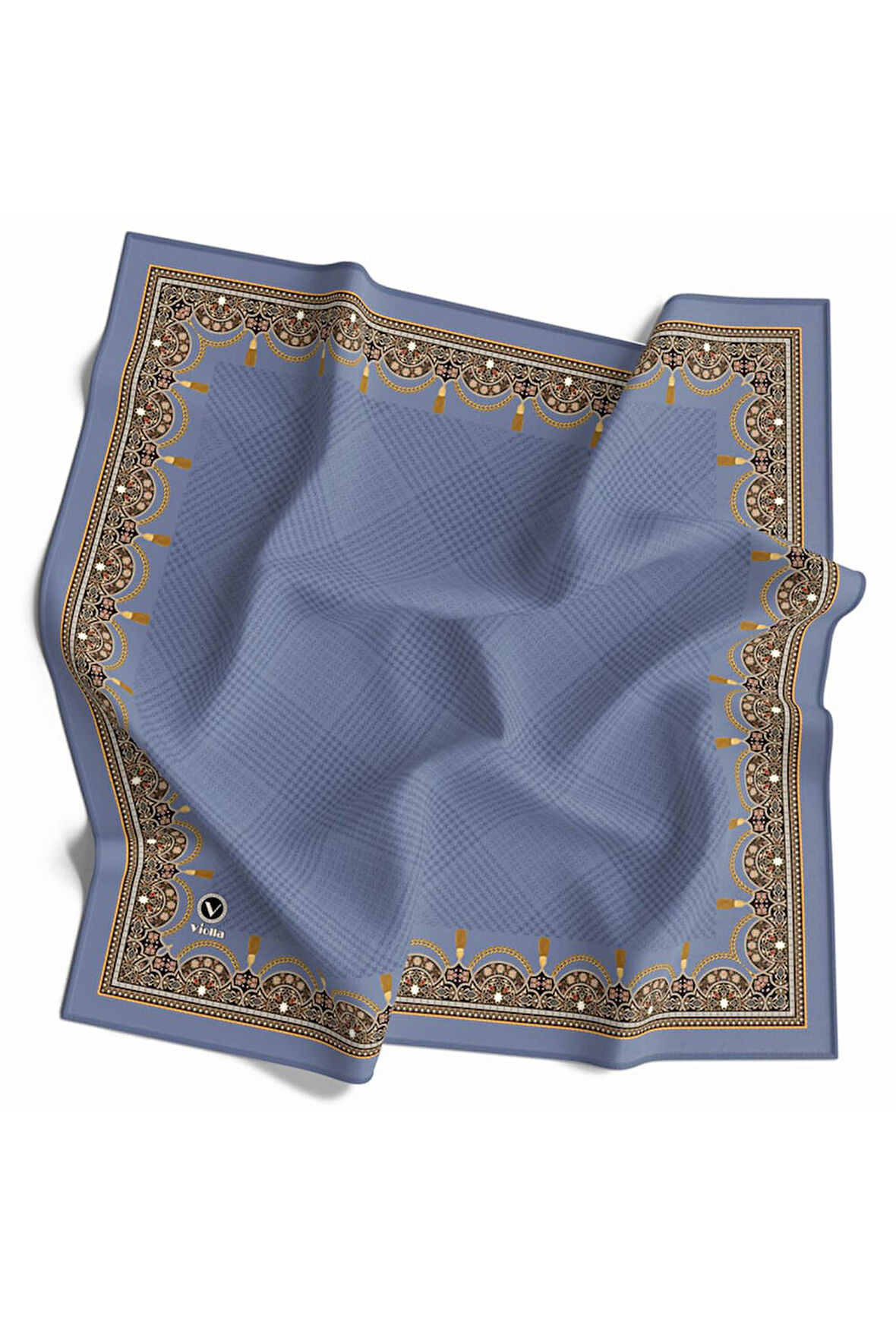 Twill Yumuşak Dokulu Kenar Motifi Şal Desenli Bebe Mavisi Renkli 90x90 Eşarp (İpek İçermez) Dikim Şekli : El Dikişi