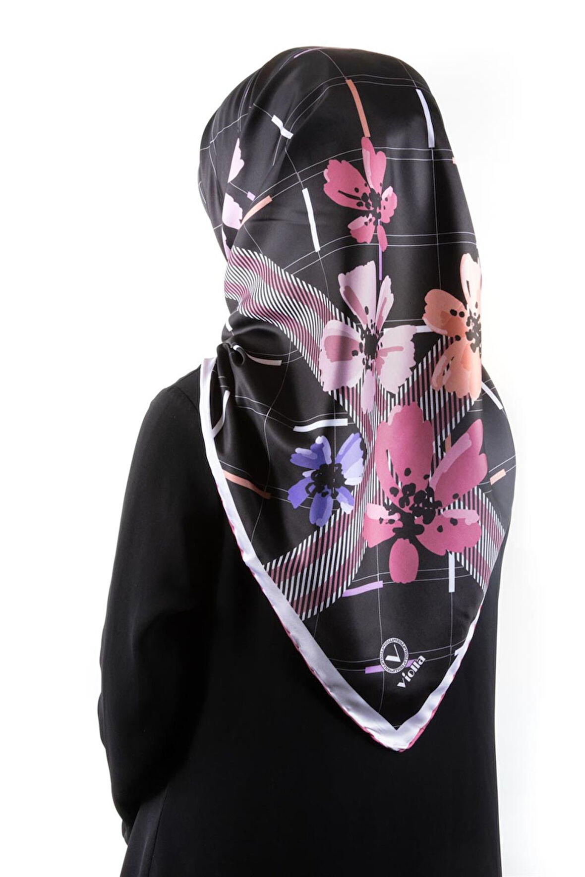 Twill Papatya Desenli Pembe Renkli 90x90 Eşarp (İpek İçermez) Kenar Dikiş Şekli El Dikişli