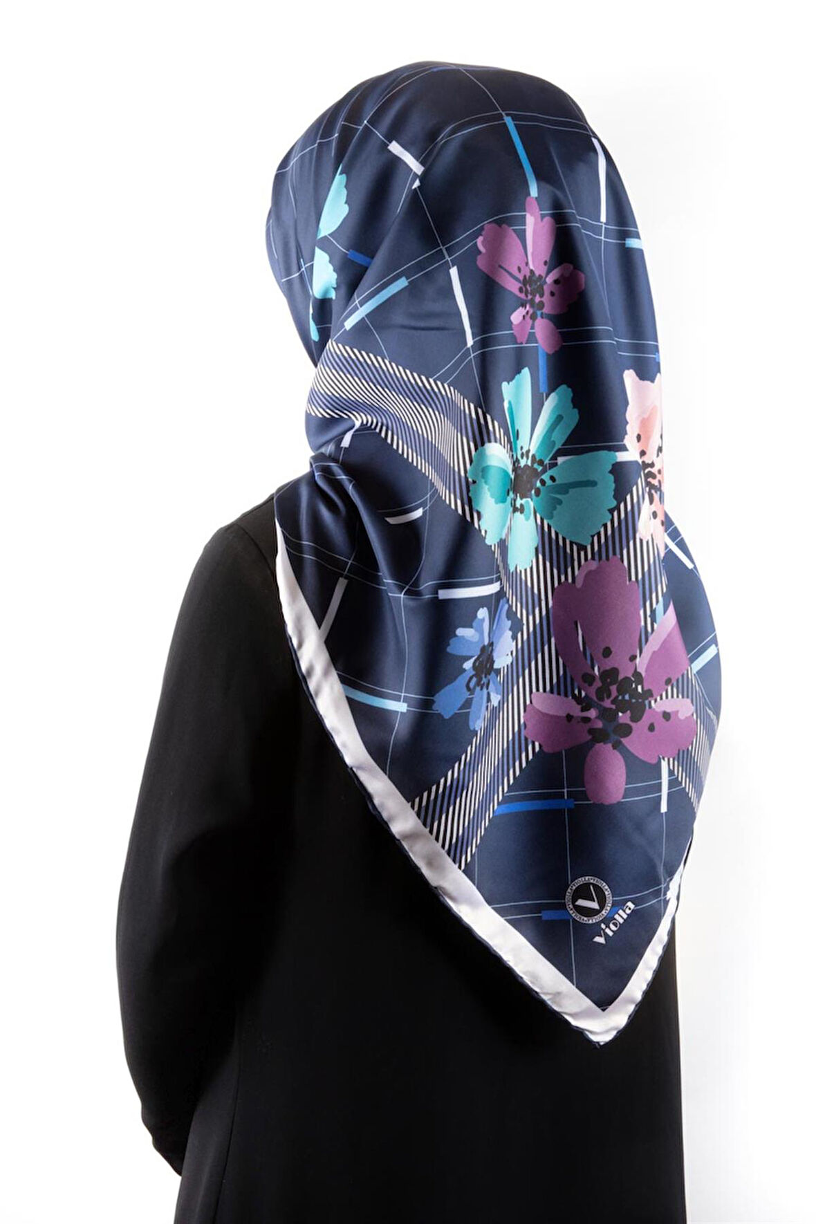 Twill Papatya Desenli İndigo Renkli 90x90 Eşarp (İpek İçermez) Kenar Dikiş Şekli El Dikişli