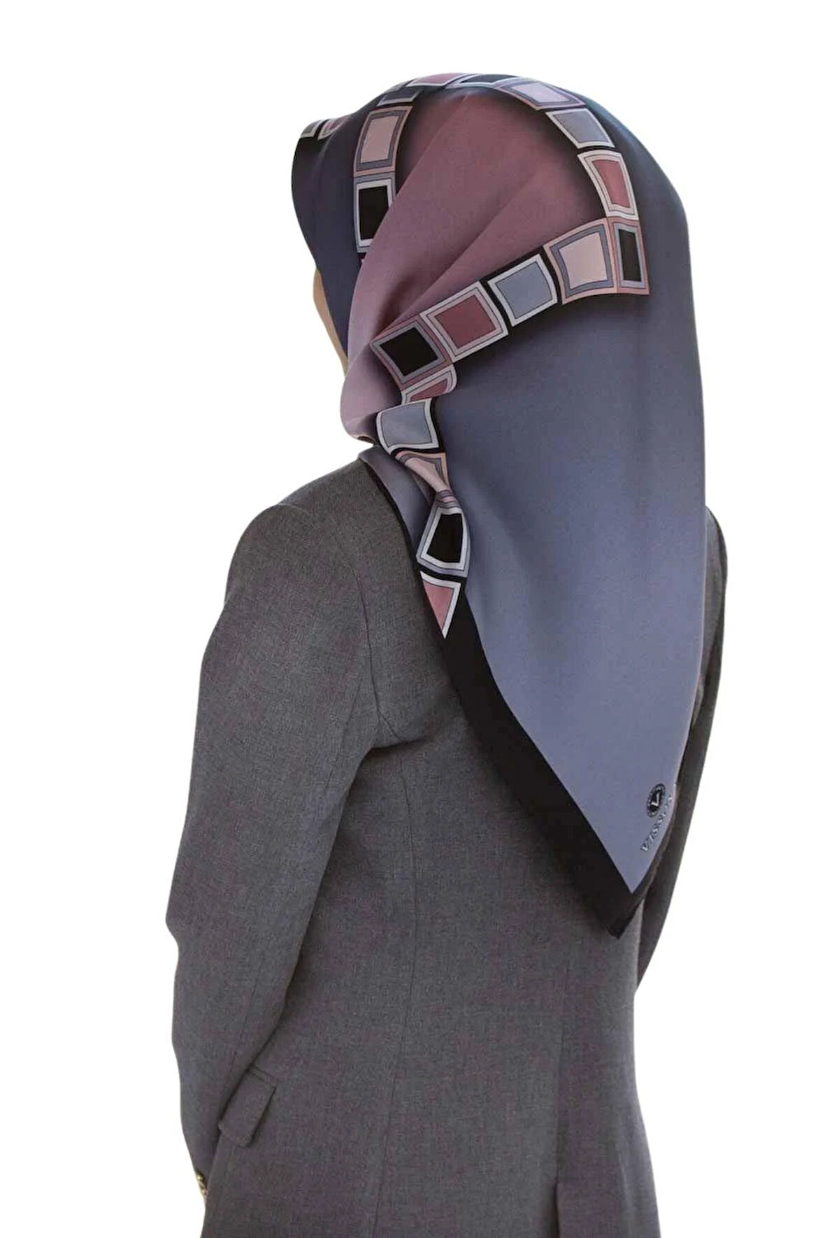 %100 Twill İpek Geometrik Desenli Gri - Pudra  Renkli 90x90 Eşarp Dikim Şekli : El Dikişi