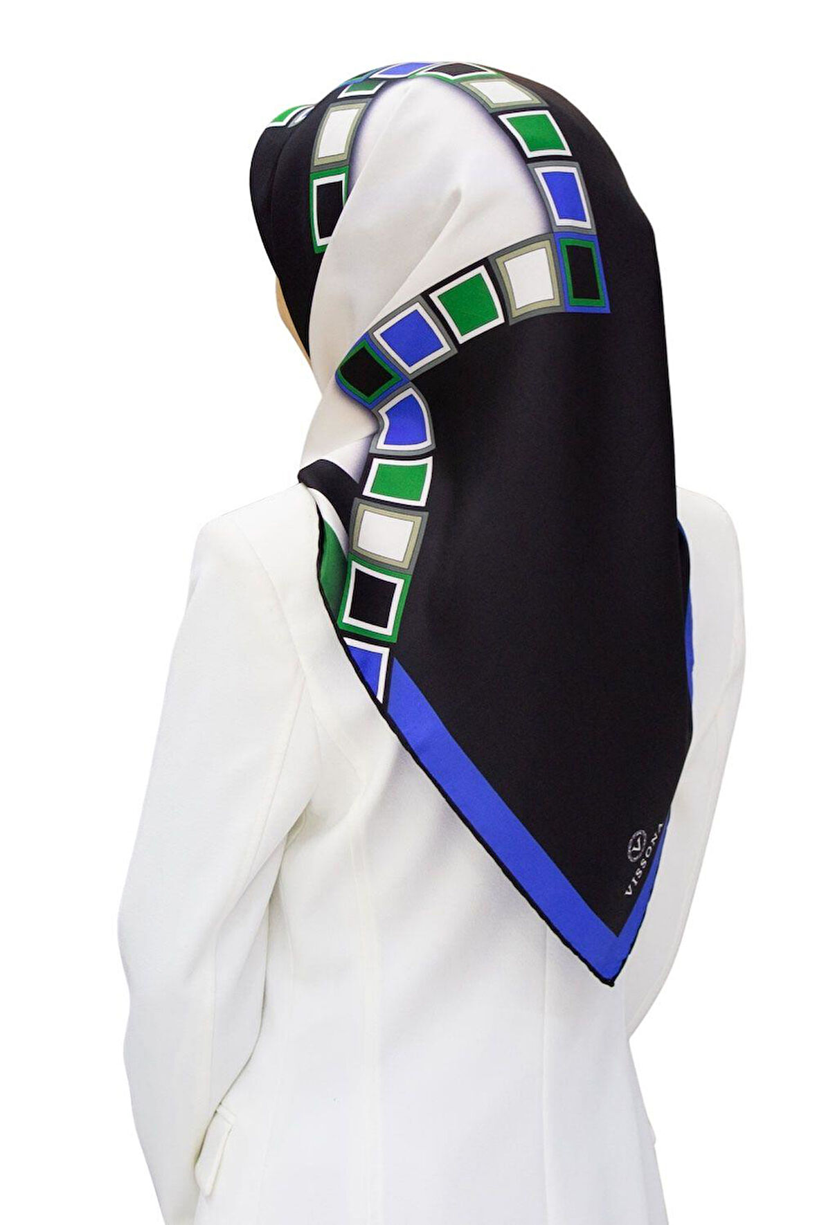 %100 Twill İpek Geometrik Desenli Saks - Zümrüt Yeşili Renkli 90x90 Eşarp Dikim Şekli : El Dikişi