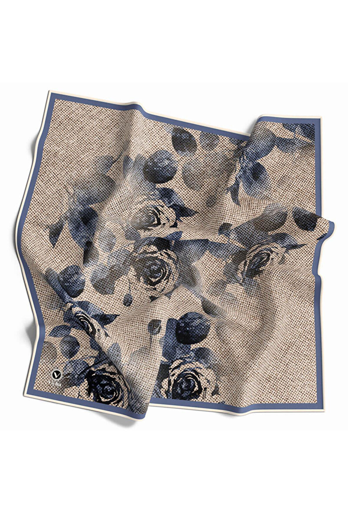 Twill Gül Desenli İndigo Mavisi Renkli 90x90 Eşarp (İpek İçermez) Kenar Dikiş Şekli El Dikişli