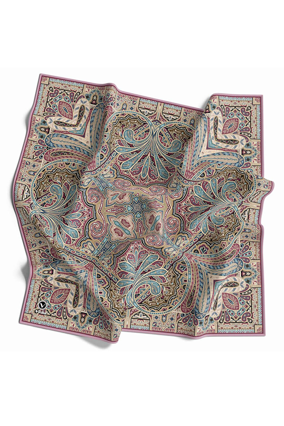 Kristal Şal Desenli Pembe Renkli 90x90 Eşarp (İpek İçermez) Kenar Dikiş Şekli El Dikişli