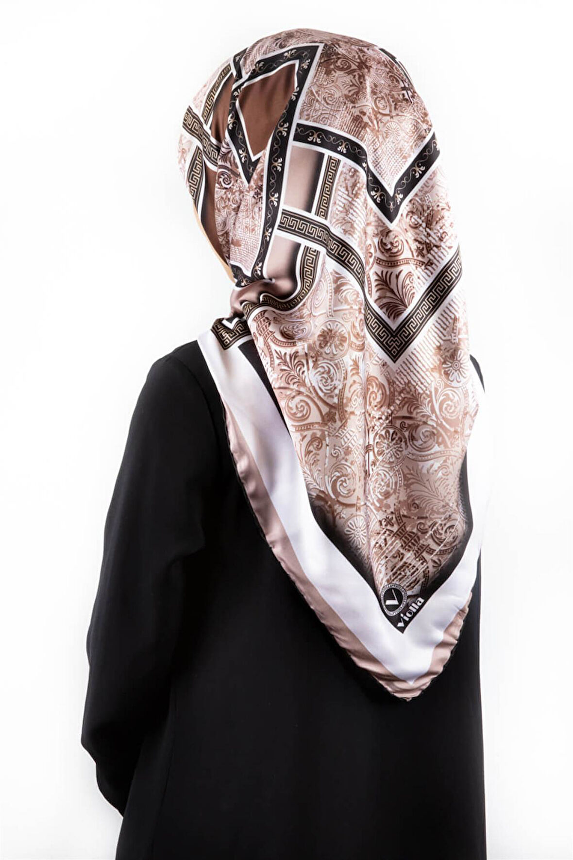 Twill Geometrik Desenli Vizon Renkli 90x90 Eşarp (İpek İçermez) Kenar Dikiş Şekli El Dikişli