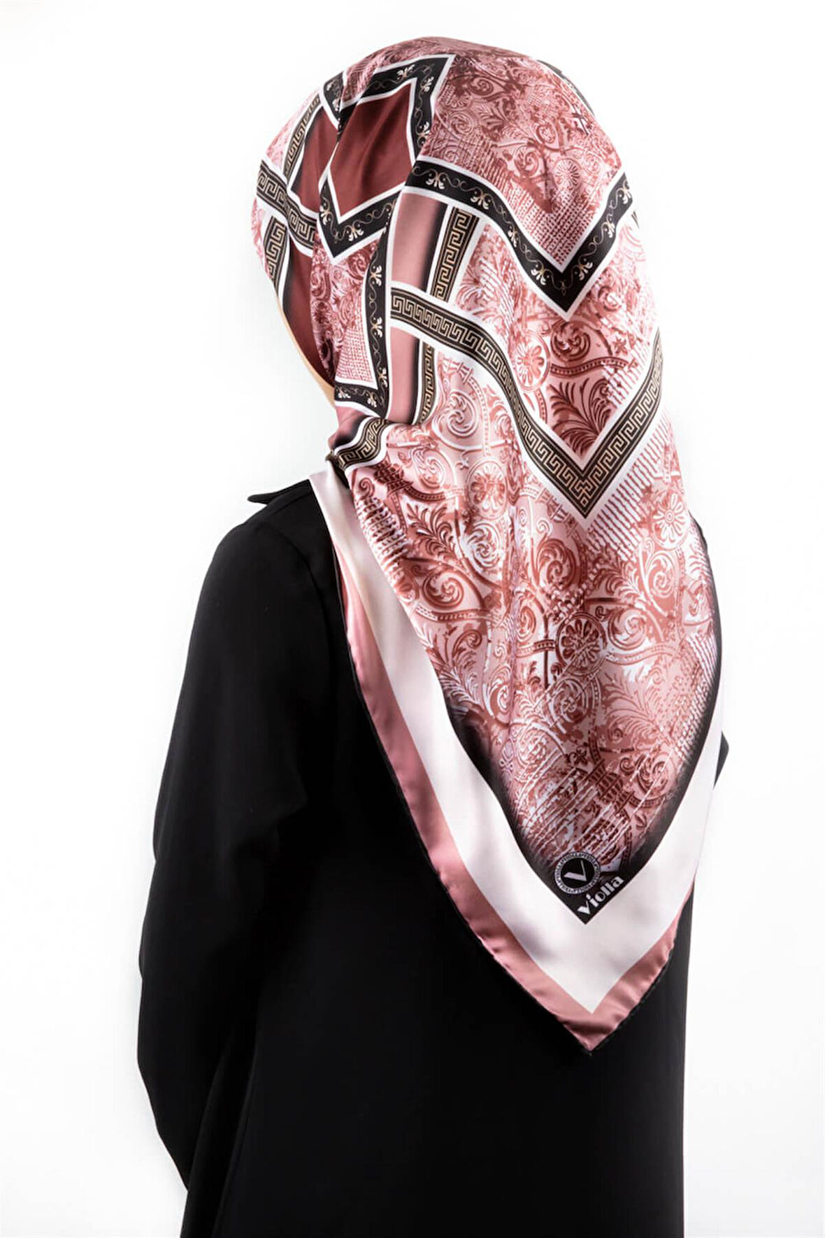 Twill Geometrik Desenli Pudra Renkli 90x90 Eşarp (İpek İçermez) Kenar Dikiş Şekli El Dikişli