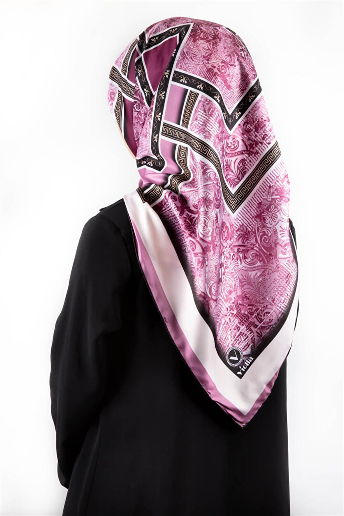 Twill Geometrik Desenli Mürdüm Renkli 90x90 Eşarp (İpek İçermez) Kenar Dikiş Şekli El Dikişli