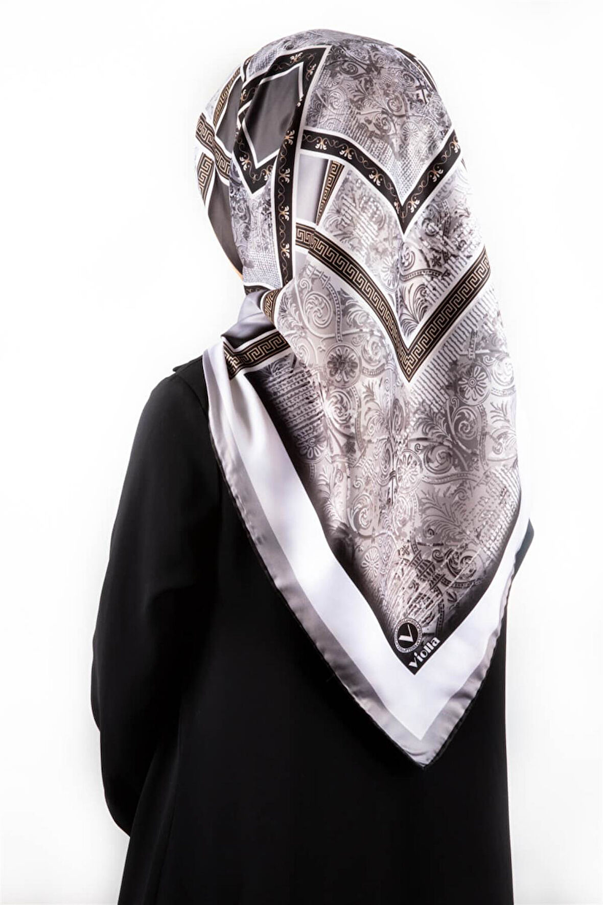 Twill Geometrik Desenli Gri Renkli 90x90 Eşarp (İpek İçermez) Kenar Dikiş Şekli El Dikişli