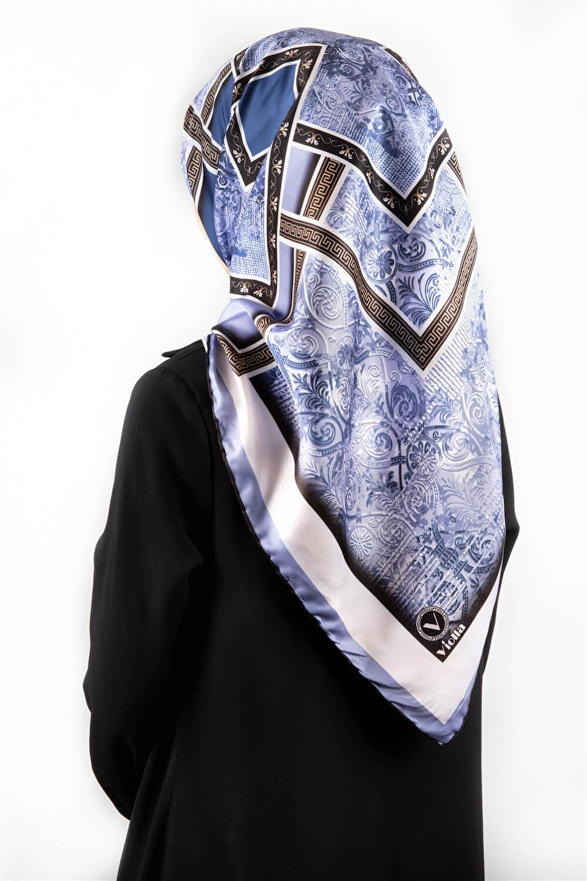 Twill Geometrik Desenli İndigo Renkli 90x90 Eşarp (İpek İçermez) Kenar Dikiş Şekli El Dikişli