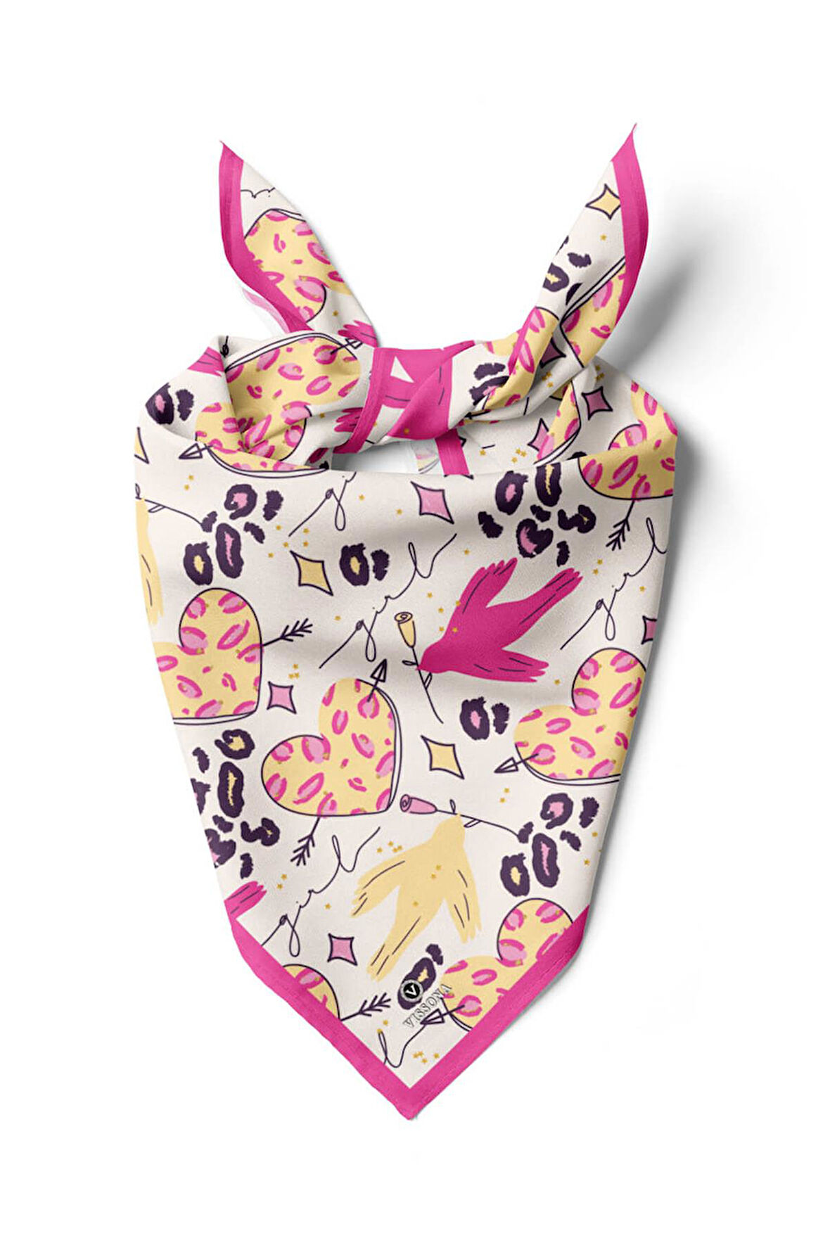 Saten İpek Kalp Desenli Kadın Bandana