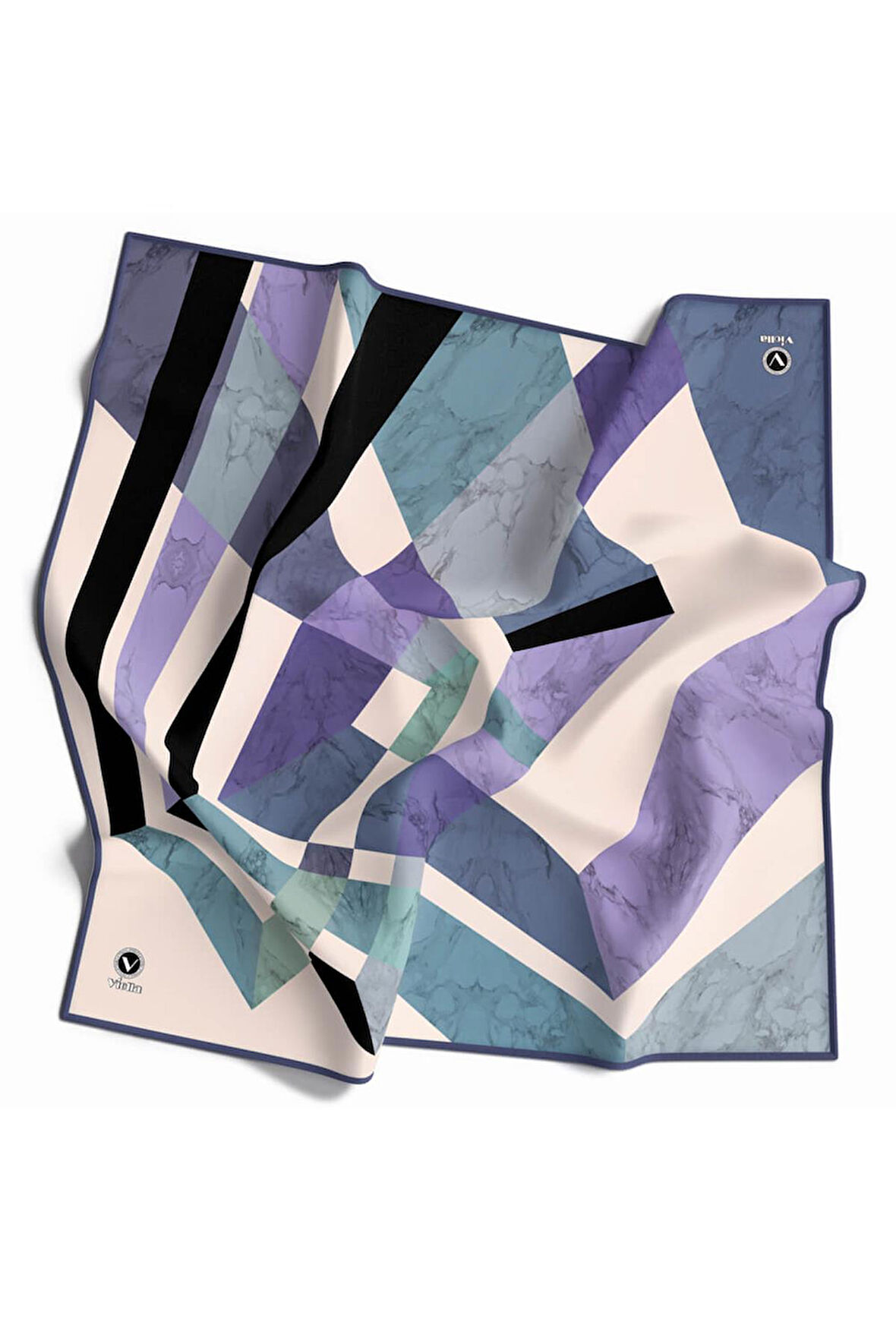 Twill Mermer Desenli İndigo Renkli 90x90 Eşarp (İpek İçermez) Kenar Dikiş Şekli El Dikişli