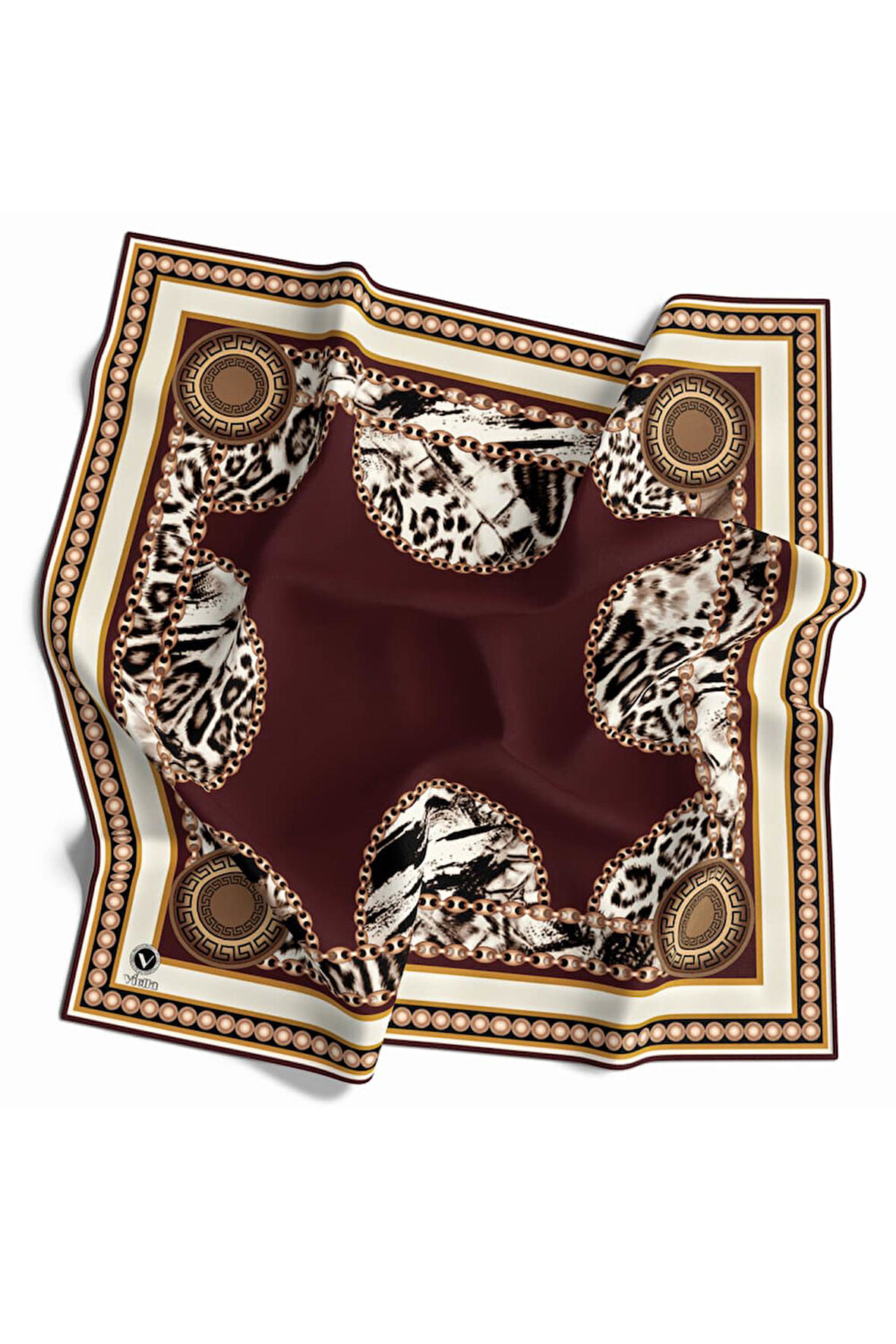 Kristal  Zincirli Leopar Desenli Bordo Renkli 90x90 Eşarp (İpek İçermez) Kenar Dikiş Şekli El Dikişli