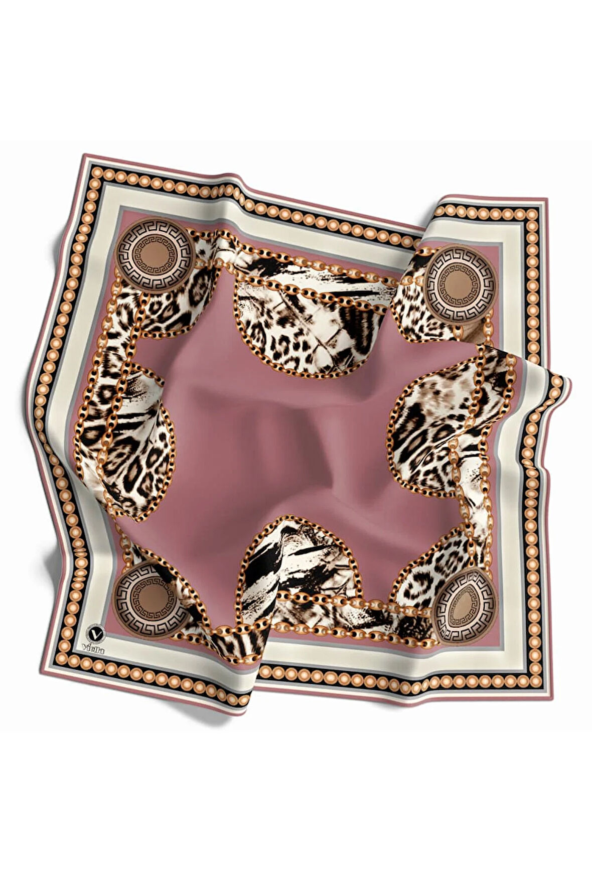 Kristal Zincirli Leopar Desenli Pudra Renkli 90x90 Eşarp (İpek İçermez) Kenar Dikiş Şekli El Dikişli