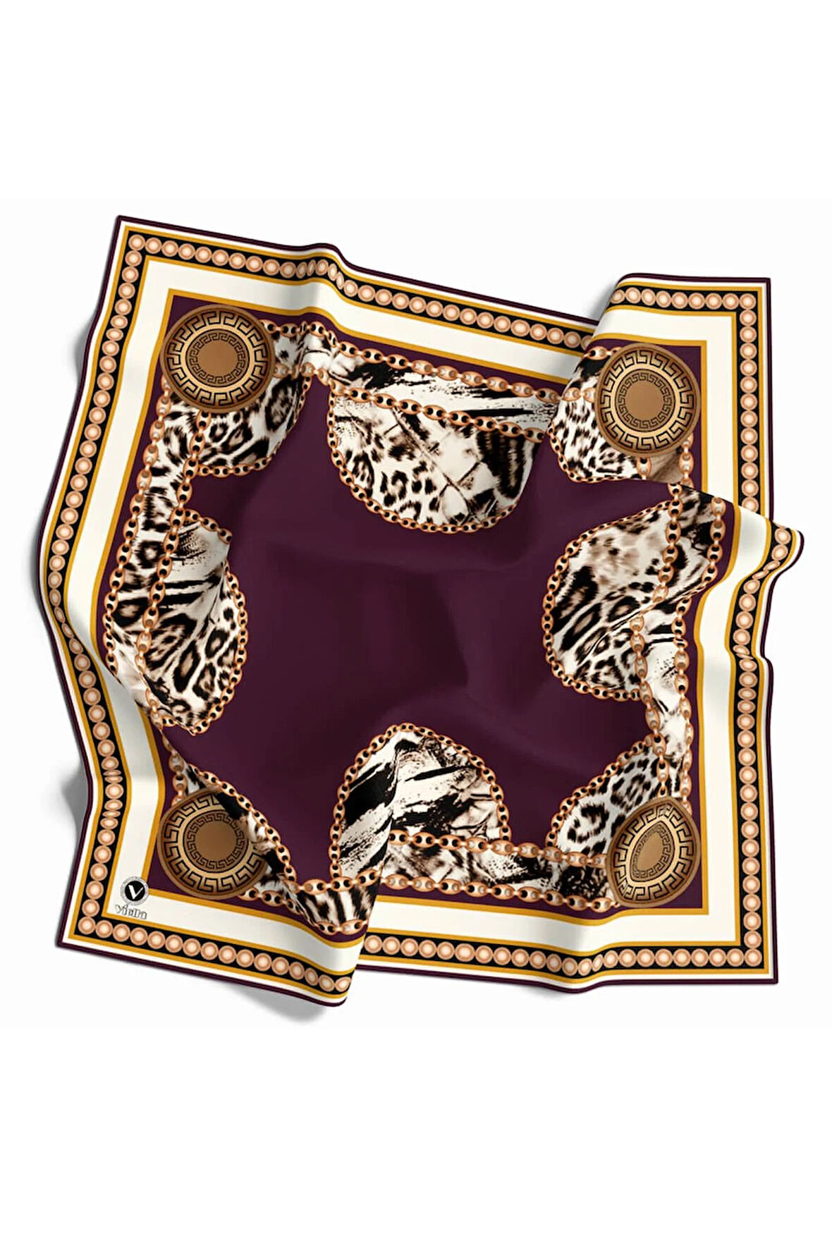 Kristal Zincirli Leopar Desenli Mürdüm Renkli 90x90 Eşarp (İpek İçermez) Kenar Dikiş Şekli El Dikişli