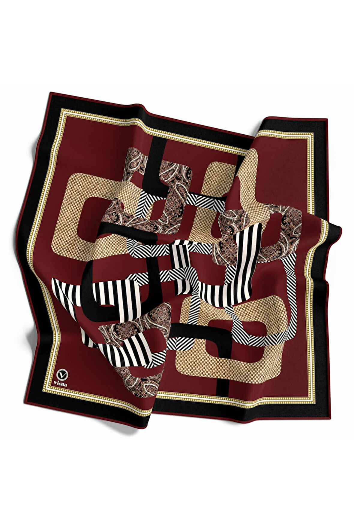 Twill Geometrik Desenli Bordo Renkli 90x90 Eşarp (İpek İçermez) Kenar Dikiş Şekli El Dikişli