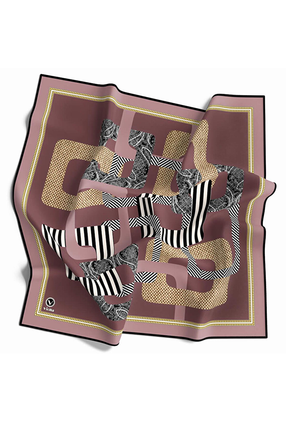 Twill Geometrik Desenli Pudra Renkli 90x90 Eşarp (İpek İçermez) Kenar Dikiş Şekli El Dikişli