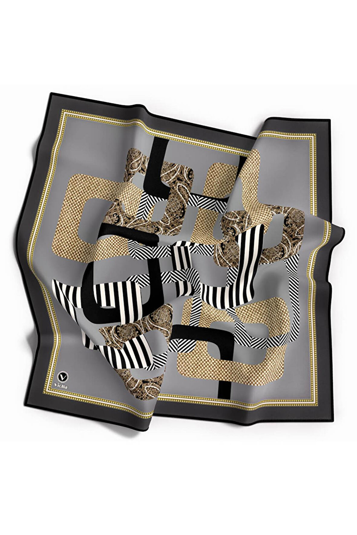 Twill Geometrik Desenli Gri Renkli 90x90 Eşarp (İpek İçermez) Kenar Dikiş Şekli El Dikişli