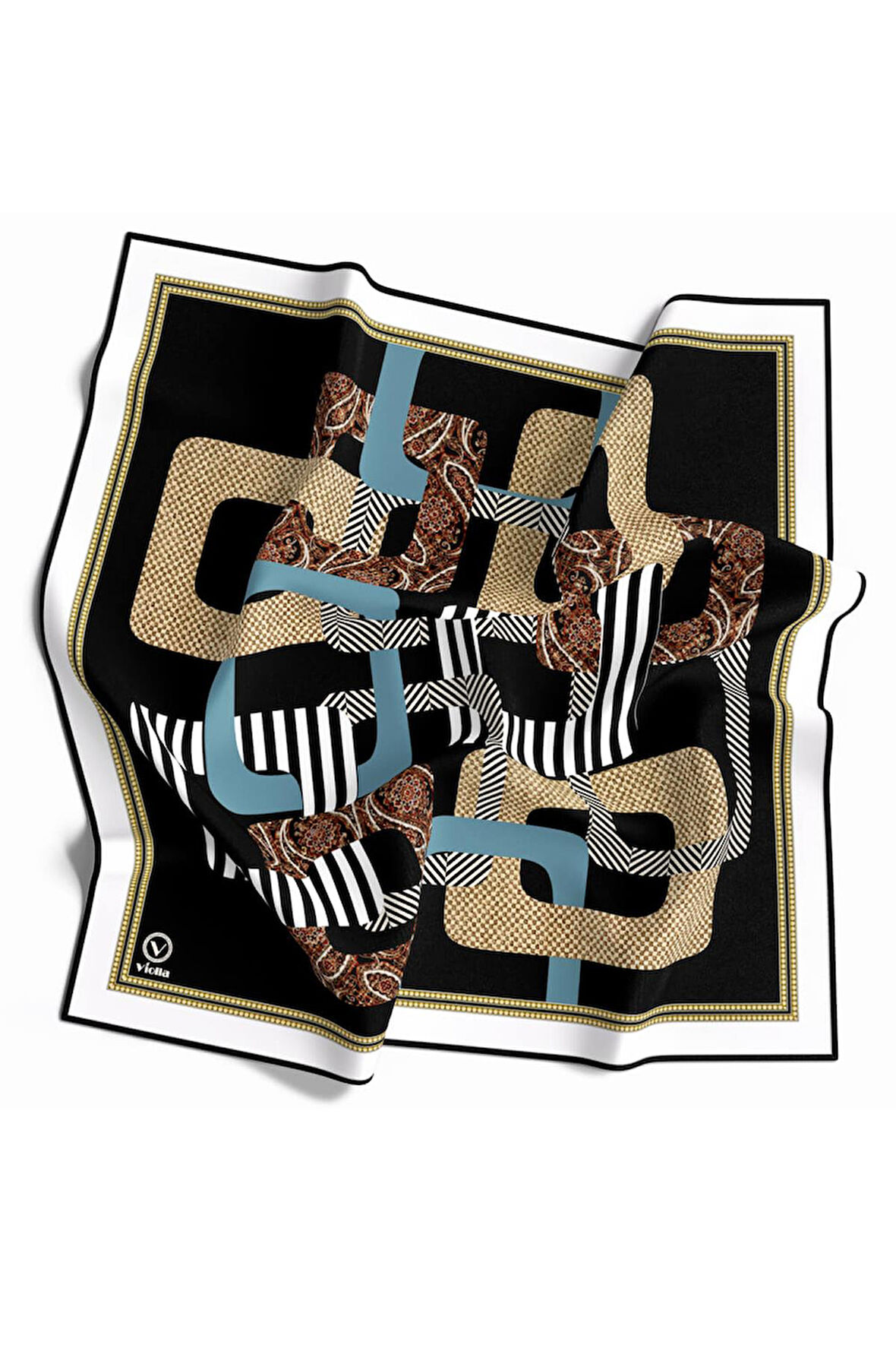 Twill Geometrik Desenli İndigo Renkli 90x90 Eşarp (İpek İçermez) Kenar Dikiş Şekli El Dikişli