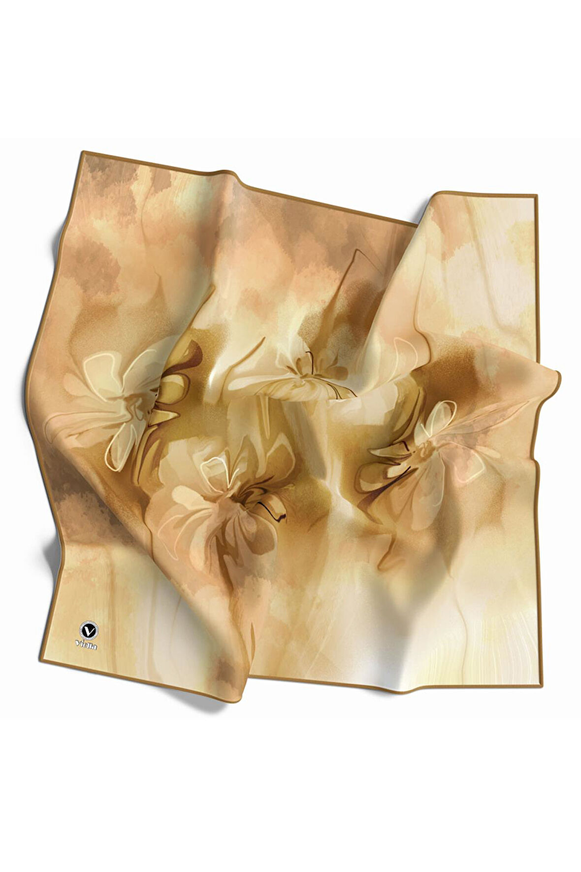 Twill Batik Çiçek Desenli Hardal Renkli 90x90 Eşarp (İpek İçermez) Kenar Dikiş Şekli El Dikişli