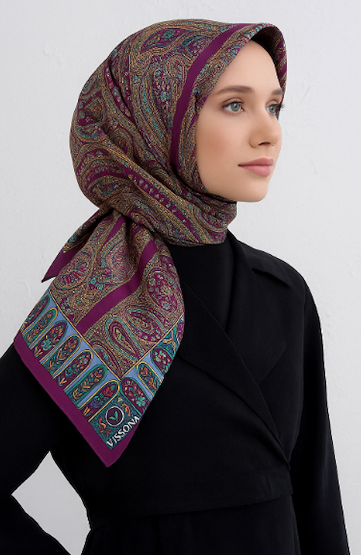 Vissona Tivil İpek Eşarp 60776 - 8 - 0026 Mürdüm Etnik Desen