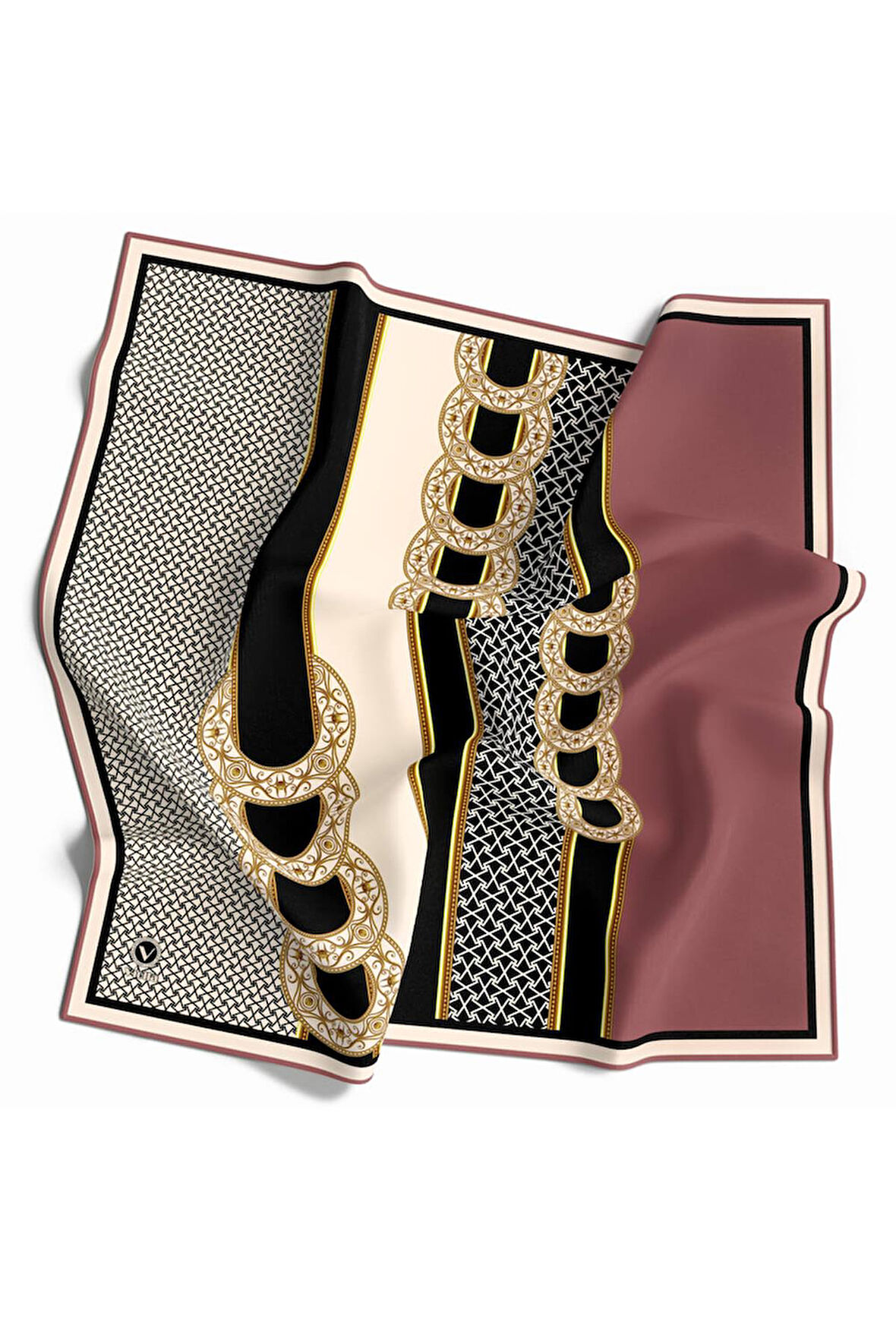 Twill Gold Kemerli Geometrik Desenli Pudra Renkli 90x90 Eşarp (İpek İçermez) Kenar Dikiş Şekli El Dikişli