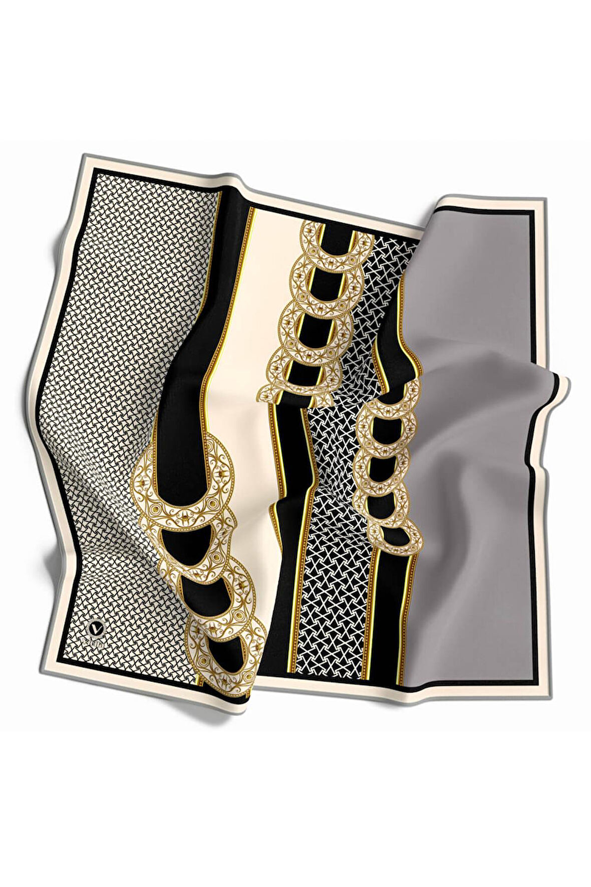 Twill Gold Kemerli Geometrik Desenli Gümüş Renkli 90x90 Eşarp (İpek İçermez) Kenar Dikiş Şekli El Dikişli