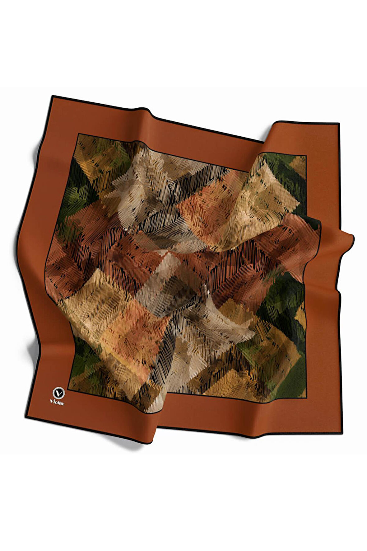 Soft Twill Bordürlü Karalama Desenli Taba Renkli 90x90 Eşarp (İpek İçermez) Kenar Dikiş Şekli El Dikişli