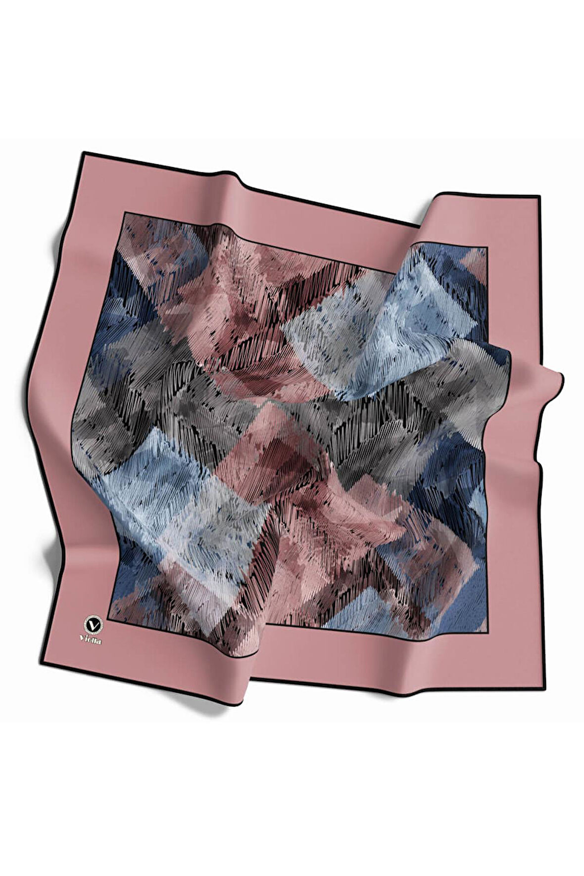 Soft Twill Bordürlü Karalama Desenli Pudra Renkli 90x90 Eşarp (İpek İçermez) Kenar Dikiş Şekli El Dikişli