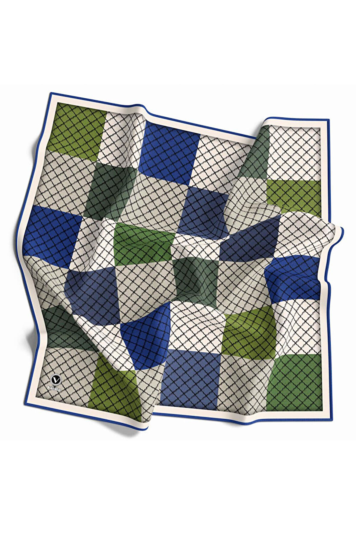 Twill Kare Desenli Saks Renkli 90x90 Eşarp (İpek İçermez) Kenar Dikiş Şekli El Dikişli