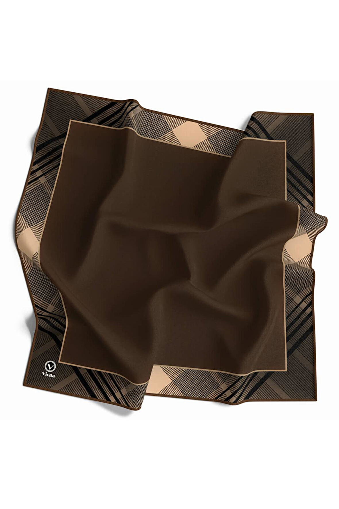 Soft Twill Bordürlü Ekose Desenli Kahverengi Renkli 90x90 Eşarp (İpek İçermez) Kenar Dikiş Şekli El Dikişli