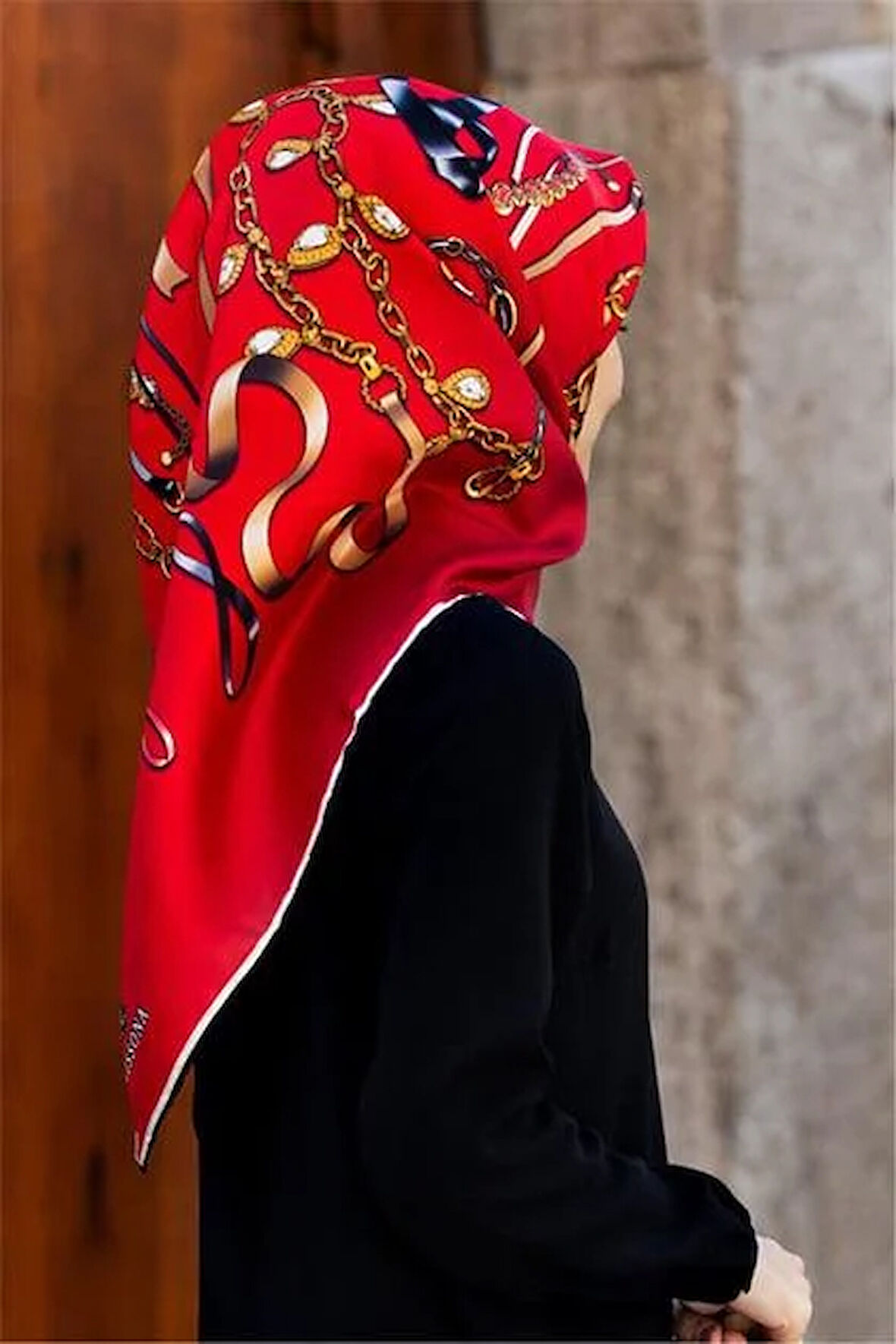 Vissona Tivil İpek Eşarp 17558 - 6 - 0017 Kırmızı Zincir Desen