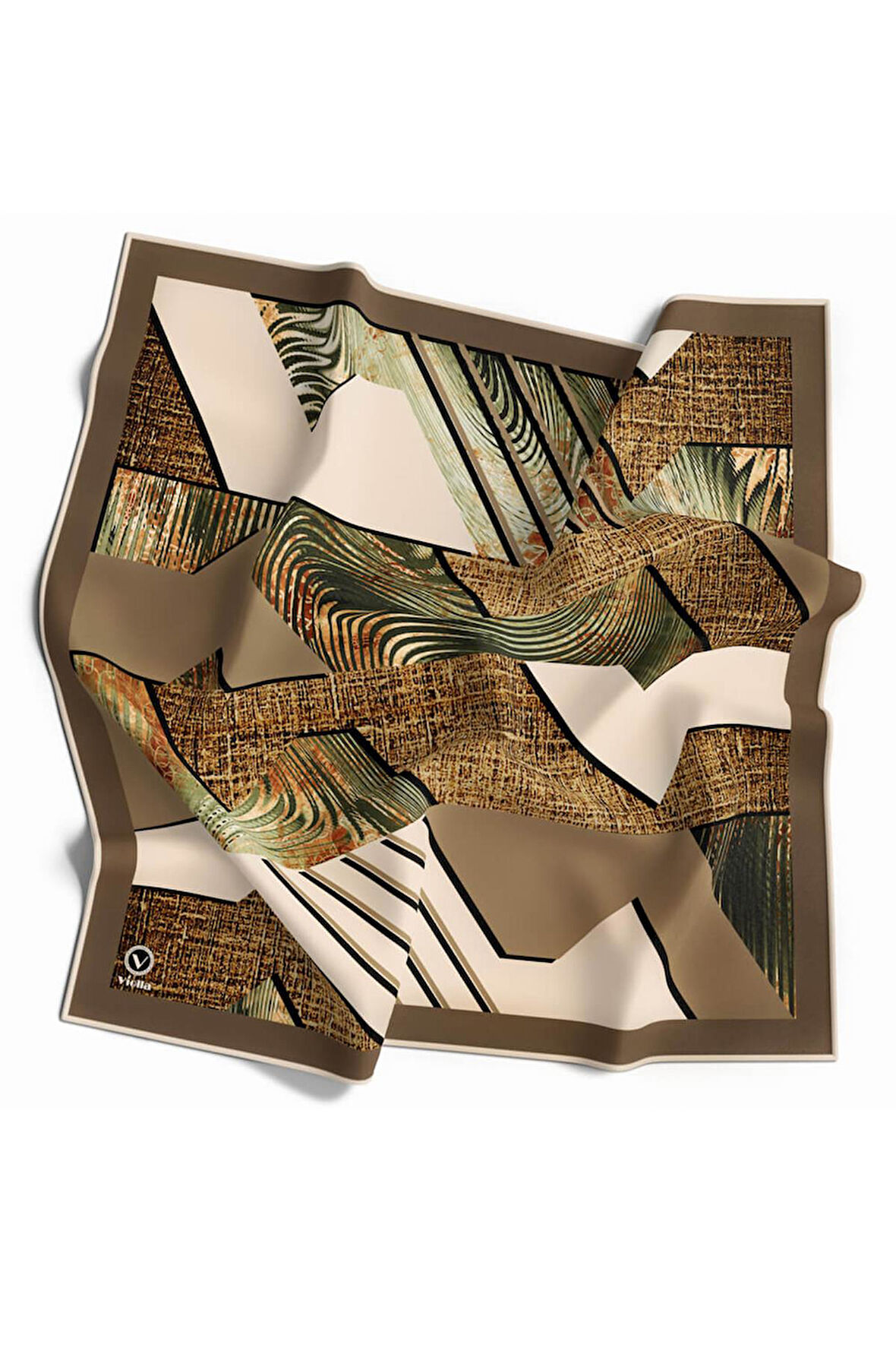 Twill Dalgalı Geometrik Desenli Bej Renkli 90x90 Eşarp (İpek İçermez) Kenar Dikiş Şekli El Dikişli