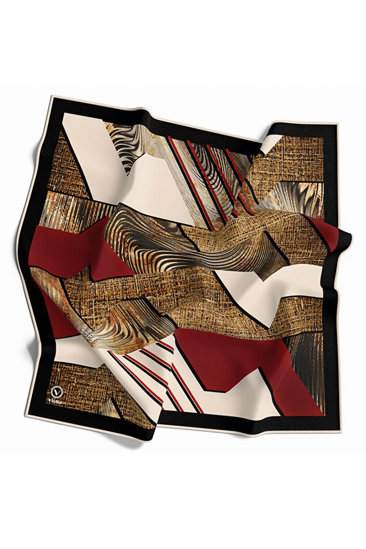 Twill Dalgalı Geometrik Desenli Bordo Renkli 90x90 Eşarp (İpek İçermez) Kenar Dikiş Şekli El Dikişli